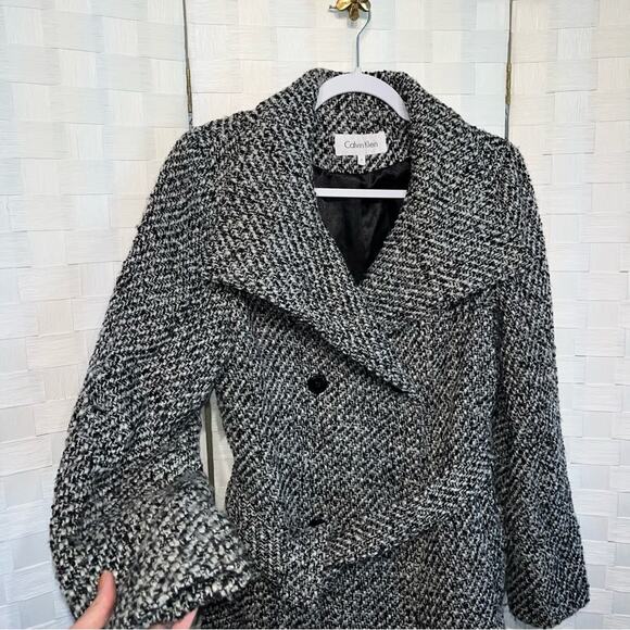 Calvin Klein Tweed Double Breasted Pea Coat Wool Blend Belted Jacket Womens 8 - Picture 11 of 16